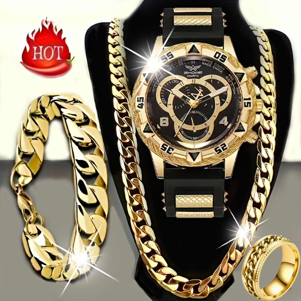 Men'S Minimalist Accessories - 4‑Piece Luxury Men’s Watch and Jewelry